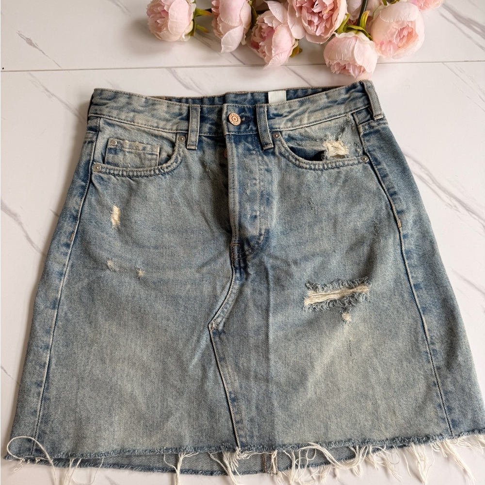 H&M Light Blue Distressed Denim Mini Skirt